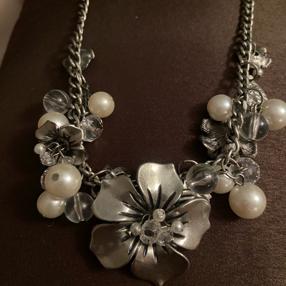 Silver Floral Pearl Cluster Necklace - Women